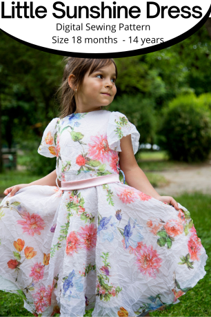 A PDF sewing pattern for a dress in girls sizes 18 months to 14 years. Woven dress with a circle skirt, fitted bodice, and different sleeve options.