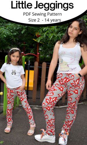 A PDF sewing pattern for stretchy fabric jeggings in youth sizes. This pattern has different options to mix and match: add front or back pockets, a mock fly, a sewn crease to the front, or a back yoke. Sizes 2-14 years.