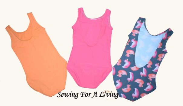 An image of 3 swimsuits made with a sewing pattern for a basic swimsuit and sleeveless leotard with three back options: high back, medium and low back.