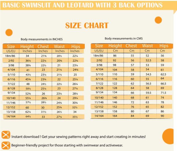 Swimsuit and leotard sewing pattern sizing chart, ranging from 18 months to 14 years, to ensure a perfect fit for your child.