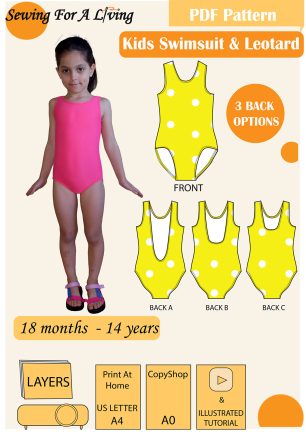 Thumbnail image of child modelling a one piece swimsuit made with this PDF sewin pattern, a video tutorial demonstrating the sewing process for the swimsuit and leotard icluded, layered PDF pattern, projector file and Copyshop file included.