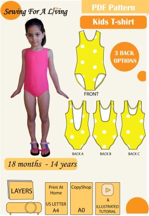 Thumbnail image of child modelling a one piece swimsuit made with this PDF sewin pattern, a video tutorial demonstrating the sewing process for the swimsuit and leotard icluded, layered PDF pattern, projector file and Copyshop file included.