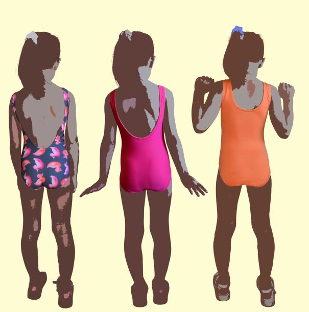 A child modeling a swimsuit made from a PDF sewing pattern with torough beginner-friendly instructions and two video tutorials, A4, US Letter, Copyshop and Projector file options for printing, and a wide range of sizes - from toddlers to teenagers.