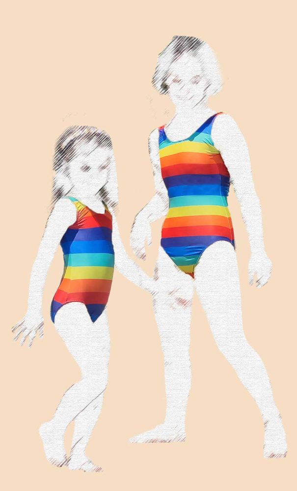 Girls modeling colorful, fun swimsuits made from Sewing for a living's sewing pattern and swimwear lycra fabric with a high and a low back. Aprropriate for basic swimsuits and sleeveless leotards in sizes 18 months to 14 years.