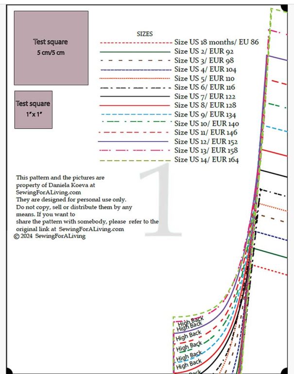 Screenshot of the layered PDF pattern including all sizing, test squares and grading. Fun DIY sewing project for a basic activewear and swimwear pattern with diagrams, video, and written step-by-step sewing instructions.