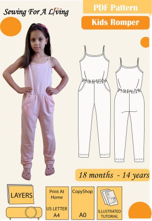 A sewing pattern for a summer romper with front pockets and spagetti straps. Thispattern comes with full tutorial on how to sew a romper, cutting, printing and sewing instructions. Sizes 18 months, 2 years and up to 14 years.