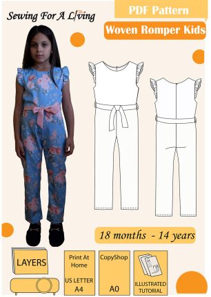 A cover image for a summer romper sewing pattern with wing ruffled sleeves and ankle-length.
